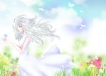  artist_request bare_shoulders blue_sky blush casshern_sins day dress field flower flower_field from_side holding older outdoors profile red_eyes ringo_(casshern_sins) sky sleeveless sleeveless_dress solo white_dress white_hair 