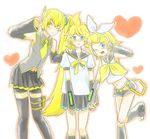  2girls akita_neru bad_id bad_pixiv_id blonde_hair crossdressing detached_sleeves green_eyes kagamine_len kagamine_rin long_hair midriff multiple_girls ponytail ribbon siblings skirt thighhighs vocaloid yoneda_(datsugoku) 