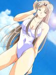 artist_request blue_eyes cloud copyright_request day long_hair non-web_source one-piece_swimsuit silver_hair sky solo swimsuit 