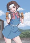  1girl :d absurdres blue_shirt blue_skirt bow brown_eyes brown_gloves brown_hair clenched_hands cloud day gloves headband highres justice_gakuen looking_at_viewer mixed-language_commentary outdoors pink_bow rooftop school_uniform shirt short_hair short_sleeves signature skirt smile standing taiyou_gakuen_uniform tree tyanoki wakaba_hinata white_headband white_shirt 