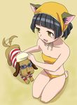  animal_ears barefoot bikini black_hair bob_cut cat_ears dog dorm_leader flat_chest foreshortening goggles hat kneeling komatsu_(sakanae) maria_holic solo striped swimsuit yellow_eyes yonakuni 