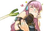  anger_vein blue_nails covering_mouth face fingernails hands headset itou_(onsoku_tassha) long_hair megurine_luka nail_polish pink_hair solo spring_onion tears translated upper_body vocaloid 