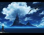  blue_sky cloak cloud day dragon fantasy flying island letterboxed male_focus mountain original ryou_(kimagure) scenery sky solo standing water 