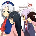  4girls angry animal_ears bad_id bad_pixiv_id black_hair blush bunny_ears hat houraisan_kaguya hug inaba_tewi multiple_girls nurse_cap orange_(bibiko) puffy_short_sleeves puffy_sleeves reisen_udongein_inaba short_hair short_sleeves simple_background touhou white_background yagokoro_eirin 