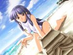  architecture barefoot beach blue_hair brown_eyes castle day dutch_angle east_asian_architecture game_cg long_hair love_love_navigation non-web_source one-piece_swimsuit oota_takeshi pagoda sand_castle sand_sculpture solo swimsuit 