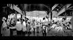  animal_ears bag crowd fantasy greyscale hat highres indoors kajimiya_(kaji) letterboxed market monochrome multiple_girls original shopping_bag 