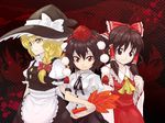  bad_id bad_pixiv_id black_hair blonde_hair braid brown_hair detached_sleeves fan hakurei_reimu hat hauchiwa japanese_clothes kirisame_marisa multiple_girls ngapoko red_eyes shameimaru_aya short_hair side_braid tokin_hat touhou witch_hat yellow_eyes 