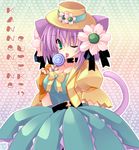  :p animal_ears candy cat_ears dress flower food green_eyes hat kannon_ouji original purple_hair solo tail tongue tongue_out 
