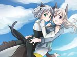  @@@ animal_ears bad_id bad_pixiv_id black_legwear blue_eyes couple eila_ilmatar_juutilainen green_eyes hug multiple_girls pantyhose sanya_v_litvyak short_hair silver_hair strike_witches tail white_legwear world_witches_series yuri 