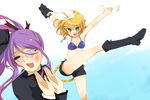  1girl bad_id bad_pixiv_id belt bikini_top blonde_hair blush boots bow flat_chest glasses gloves green_eyes hair_bow hair_ornament hairpin kagamine_rin kamui_gakupo kicking long_hair map meimone midriff noroi_no_megane_(vocaloid) ponytail purple_hair short_hair shorts single_glove tattoo vocaloid 