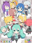  6+girls :&gt; akita_neru aqua_hair chibi crossover drill_hair everyone hachune_miku hatsune_miku kagamine_len kagamine_rin kaito kamui_gakupo kasane_teto long_hair meiko multiple_boys multiple_girls spring_onion thighhighs tsukina_(artist) twin_drills twintails utau very_long_hair vocaloid voyakiloid yowane_haku 