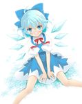  ahoge angry bad_id bad_pixiv_id between_legs blue_eyes blue_hair blush bow bowtie child cirno dress eyebrows_visible_through_hair frown hair_bow hand_between_legs hands ice ice_wings legs looking_at_viewer neck_ribbon on_floor open_mouth pan_(mimi) ribbon sitting skirt solo tears touhou v_arms wings 
