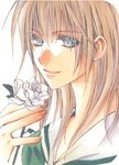  2004 artist_request blonde_hair bow cover cover_page doujin_cover flower hair_bow hands holding light_smile lowres maria-sama_ga_miteru marker_(medium) non-web_source rose satou_sei school_uniform serafuku short_hair silver_eyes simple_background smile solo traditional_media white_flower white_rose 