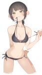  1girl arm_behind_back bikini black_bikini black_hair breasts character_request cleavage closed_mouth copyright_request cross-laced_bikini cross-laced_clothes highres long_hair looking_at_viewer medium_breasts navel pulling_own_clothes rasusurasu simple_background smile solo swimsuit white_background yellow_eyes 