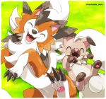  artist_name border brown_fur claws closed_eyes day fangs grass highres lycanroc lycanroc_(dusk) lying multicolored_fur no_humans on_back open_mouth outdoors outside_border pokemon pokemon_(creature) rockruff rorosuke white_border white_fur 