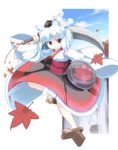  animal_ears asakura_masatoki child geta hat inubashiri_momiji leaf red_eyes shield sky solo sword tengu-geta tokin_hat touhou water waterfall weapon white_hair wolf_ears 