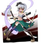  anubis_(stand) bandages black_hairband crazy_eyes dateya_torahachi dual_wielding ghost hairband hitodama holding jojo_no_kimyou_na_bouken katana konpaku_youmu konpaku_youmu_(ghost) mouth_hold no_shirt panties sarashi scabbard sheath short_hair silver_hair solo stand_(jojo) striped striped_panties sword thighhighs torn_clothes touhou triple_wielding underwear weapon 