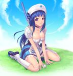  ama_mitsuki arin ball beret blue_hair boots breasts choker cleavage cloud day dress golf golf_ball golf_club grass hat knee_boots long_hair medium_breasts pangya purple_eyes sitting sky solo wariza 