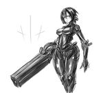  1girl arm_cannon authority_(blame!) bad_id bad_pixiv_id blame! breasts emblem graviton_beam_emitter greyscale highres holding holding_weapon large_breasts monochrome safeguard_(blame!) sanakan short_hair simple_background solo tagane weapon white_background 