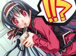  1girl belt black_hair cup_ramen dutch_angle eating food game_cg hairband like_a_butler long_hair mihoshi_sarasa red_eyes senomoto_hisashi solo surprised 