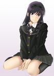  amagami black_eyes black_hair black_jacket blazer face hairband jacket kibito_high_school_uniform kishida-shiki kneehighs long_hair long_sleeves morishima_haruka pleated_skirt ribbon school_uniform serafuku sitting skirt socks solo 