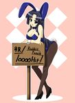  animal_ears asakura_ryouko blue_eyes blue_hair breasts bunny_ears bunnysuit cleavage highres iga_tamaki large_breasts long_hair pantyhose placard sign solo suzumiya_haruhi_no_yuuutsu 