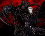  animal bird claws coat crow demon grey_hair male_focus melty_blood monster nrvnqsr_chaos painfultree red_background red_eyes red_sky sky solo teeth tsukihime vampire 