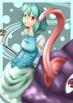  :p blue_hair geta green_eyes heterochromia karakasa_obake oriental_umbrella purple_umbrella red_eyes short_hair solo tatara_kogasa tongue tongue_out toritora touhou umbrella 