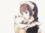  animal apron bangs black_eyes braid brown_hair cat frills from_side holding holding_animal in_those_days kwork leri long_hair maid maid_headdress pale_skin smile solo tsuzu upper_body white_apron white_background 