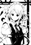  bad_id bad_pixiv_id braid greyscale high_contrast izayoi_sakuya knife monochrome nauribon smile solo touhou twin_braids 