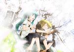  1girl asatana casual cherry_blossoms closed_eyes green_hair hatsune_miku instrument kagamine_len long_hair ponytail sitting skirt tambourine vocaloid 