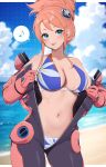  1girl :p aida_rayhunton ass_visible_through_thighs beach bikini black_bodysuit blue_bikini blue_eyes blue_sky blush bodysuit breasts campbell_xx cloud commentary_request cowboy_shot cumulonimbus_cloud day eighth_note folded_ponytail gundam gundam_g_no_reconguista hair_ornament highres large_breasts letterboxed looking_at_viewer musical_note navel ocean open_bodysuit open_clothes opened_by_self outdoors outside_border pilot_suit pink_bodysuit pink_hair shore sky solo spoken_musical_note standing stomach sweat swimsuit tongue tongue_out two-tone_bodysuit water 