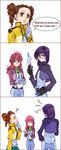  1boy 2girls ? brown_hair celestial_being_uniform comic feldt_grace from_side gundam gundam_00 hard_translated long_sleeves looking_at_viewer mileina_vashti multiple_girls non-web_source profile purple_hair short_hair simple_background tieria_erde translated twintails white_background 