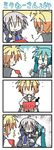  1boy 2girls 4koma :&lt; ? ahoge aqua_hair checkerboard_cookie comic cookie food hatsune_miku kagamine_len long_hair minami_(colorful_palette) multiple_girls o_o pointing scared silent_comic smile surprised tears trembling vocaloid voyakiloid yowane_haku |_| 