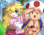  bad_id bad_pixiv_id blonde_hair blue_eyes brooch crown dress earrings gloves jewelry long_hair manly mario_(series) muscle one_eye_closed pink_dress princess_peach rike_(pixiv) shield super_mario_bros. super_smash_bros. toad 