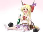  :d arm_support blonde_hair blush chain child drunk feet happy horns ibuki_suika natsu_no_koucha no_shoes open_mouth ribbon sitting smile socks solo touhou vest 