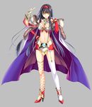  armor black_hair breasts cape chi_you chinese_mythology cleavage hairband large_breasts legs long_hair midriff navel riv simple_background solo standing thighhighs very_long_hair yellow_eyes yujie_shenji 