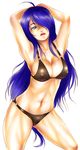  ahoge armpits arms_up bad_id bad_pixiv_id bikini black_bikini blue_hair breasts cleavage collarbone covered_nipples fukushima_nyuugyou_inc green_eyes hair_over_one_eye highres ikkitousen kan'u_unchou kneeling long_hair medium_breasts navel o-ring o-ring_bikini simple_background solo swimsuit white_background 