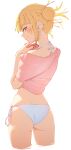  1girl bikini bikini_under_clothes blonde_hair blush boku_no_hero_academia closed_mouth double_bun from_behind hair_bun halterneck highres looking_at_viewer looking_back medium_hair no_pants own_hands_together pink_shirt rasusurasu shirt short_sleeves side-tie_bikini_bottom sidelocks simple_background smile solo standing string_bikini swimsuit toga_himiko white_background white_bikini yellow_eyes 