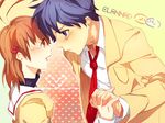  1girl :d blush brown_hair chiko_(beroro) clannad collared_shirt dango_daikazoku furukawa_nagisa holding_hands jacket long_sleeves necktie okazaki_tomoya open_clothes open_jacket open_mouth red_neckwear shirt short_hair smile white_shirt 