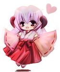  chibi detached_sleeves hakama hanyuu heart higurashi_no_naku_koro_ni horns japanese_clothes kiru_(artist) long_hair lowres miko purple_eyes purple_hair red_hakama solo 