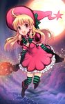  bad_id bad_pixiv_id blonde_hair boots broom broom_riding elbow_gloves full_moon gloves hat light_particles long_hair moon nardack night night_sky open_mouth original pink_eyes ribbon sidesaddle sky solo sparkle striped striped_legwear thighhighs witch witch_hat 