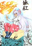  acrylic_paint_(medium) fire fujiwara_no_mokou hair_ribbon houtengeki long_hair looking_at_viewer red_eyes ribbon silver_hair sitting smile solo suspenders suspenders_slip touhou traditional_media 