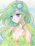 bad_id bad_pixiv_id blush breasts cape cleavage detached_sleeves final_fantasy final_fantasy_iv green_hair large_breasts long_hair older purple_eyes rydia solo traditional_media yukiou 