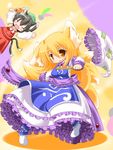  animal_ears blonde_hair brown_hair cat_ears cat_tail chen closed_eyes dress fang fox_ears fox_tail frilled_dress frills hat hat_removed headwear_removed highres koha long_sleeves multiple_girls multiple_tails orange_eyes pillow_hat short_hair tail tassel touhou yakumo_ran yellow_eyes 