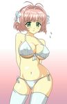  :3 antenna_hair bad_id bad_pixiv_id bare_shoulders bikini blush bow braid breasts green_eyes hair_ornament joy_(cyber_x_heaven) kimi_ga_nozomu_eien large_breasts midriff navel pink_hair short_hair side-tie_bikini solo suzumiya_haruka swimsuit thighhighs twin_braids 