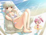  bare_shoulders barefoot beach bikini blonde_hair brown_eyes chii chobits day eyebrows_visible_through_hair feet game_cg happy multiple_girls non-web_source outdoors pink_hair ryunnu summer sumomo_(chobits) swimsuit 