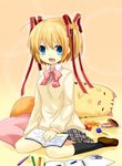  book bow candy colored_pencil eraser food kamikita_komari little_busters! pencil pink_bow sitting solo tombow_mono wooden_pencil yuzuki_(yuduame) 