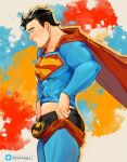  1boy abs bara batman_symbol black_hair black_male_underwear blue_bodysuit blue_eyes blush bodysuit bulge cape chinese_commentary clark_kent clothes_pull commentary_request covered_penis dc_comics i&#039;ve_never_seen_a_guy_recreate_this_successfully_tbh_(meme) large_bulge looking_down male_focus male_underwear meme midriff_peek pectorals profile pulling_own_clothes red_cape skin_tight solo superman superman_(series) superman_logo translation_request twitter_logo twitter_username underwear whoshibai_xianggua 