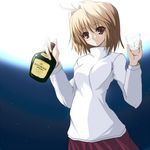  alcohol arcueid_brunestud blonde_hair kuronekogata long_skirt melty_blood purple_skirt red_eyes short_hair skirt solo suntory sweater tsukihime turtleneck whiskey 